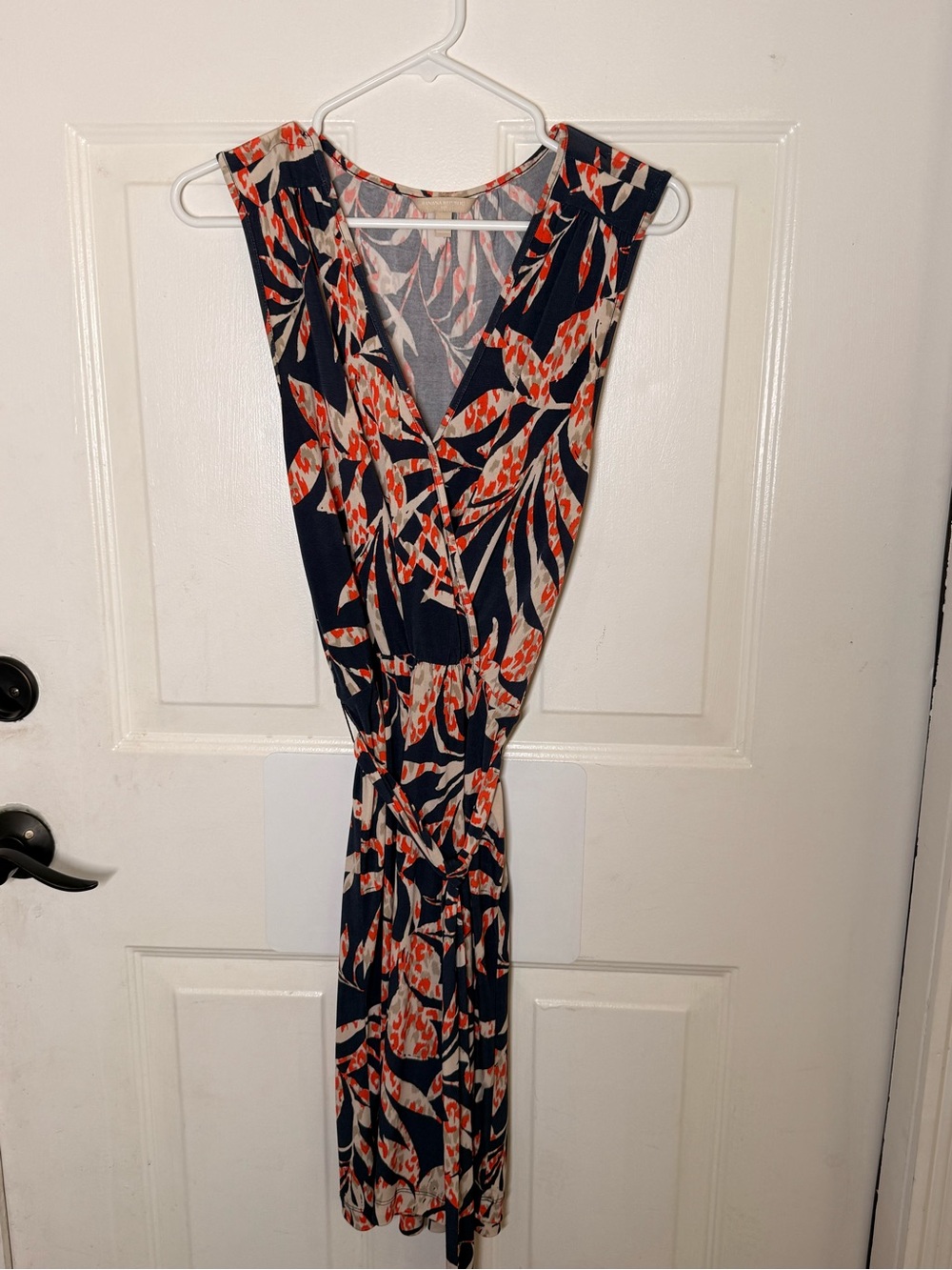 Banana Republic Navy Wrap Midi Dress with Coral Leaf Print